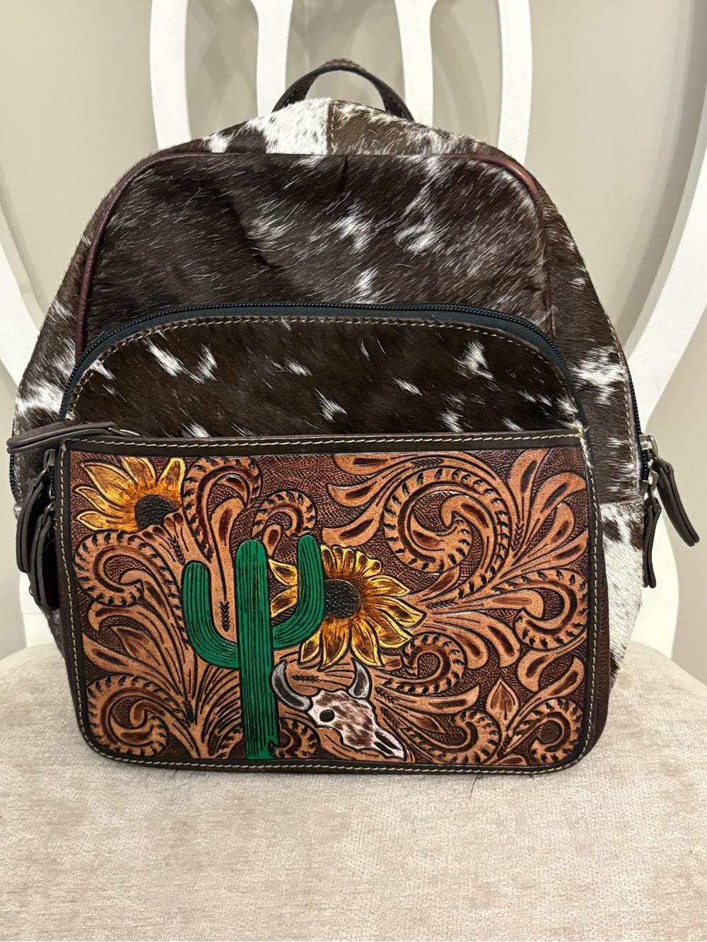 Myra Cowhide Leather Backpack with Tooled Western Front Pocket - Brown & White